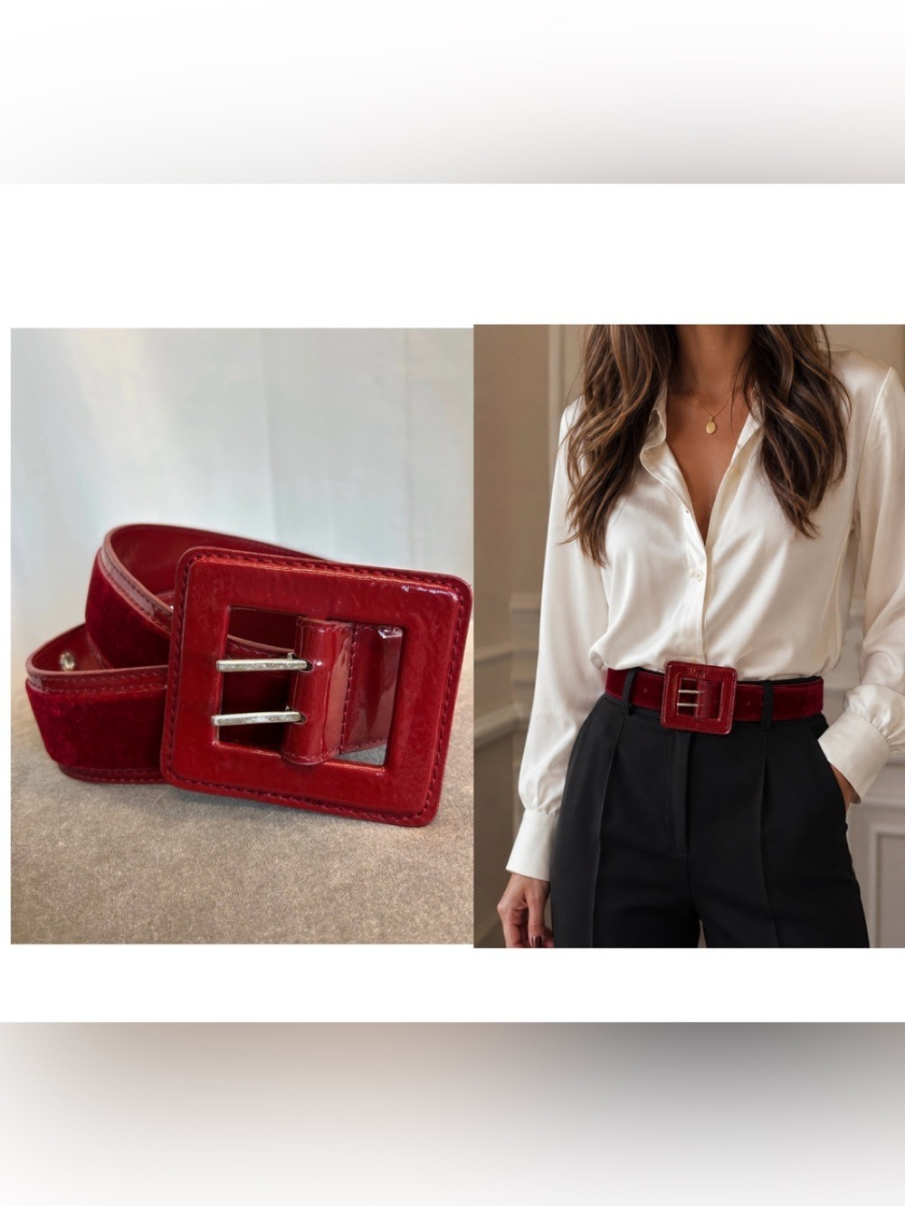 Red Patent Leather velvety/Velour Wide Belt with Square Buckle Sz L